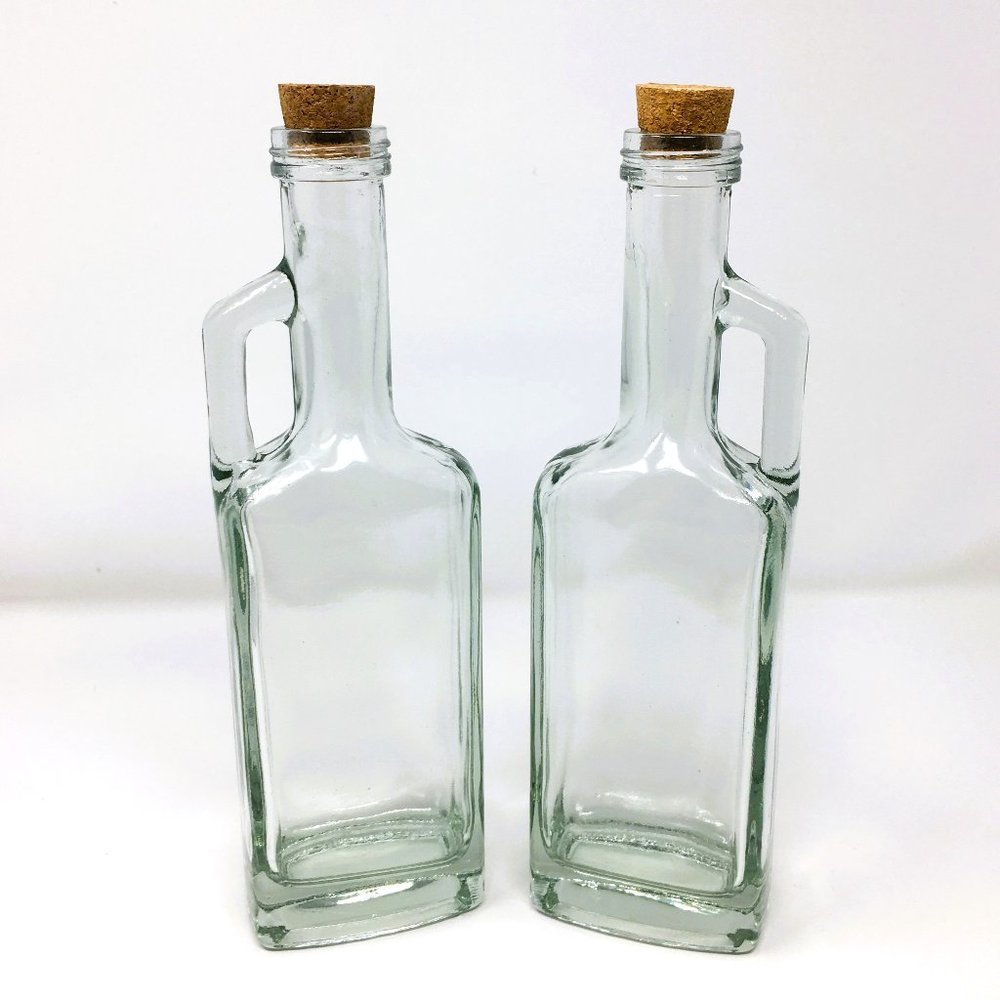 Pair Clear Glass Tall Narrow Cruets Oil Vinegar Wine Bottles with Cork Stoppers